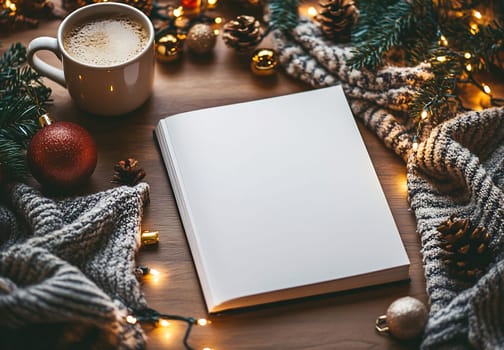 A warm cup of coffee sits beside a blank book surrounded by holiday decorations and twinkling lights, creating a cozy atmosphere.