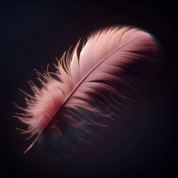 A single, delicate feather with a soft pink hue, floating against a dark background. The feather is a symbol of lightness, grace, and beauty. A high-quality photo.
