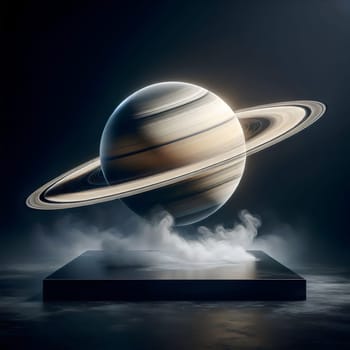 A 3D rendering of Saturn, with its iconic rings, floating above a black platform with a cloud of mist. The scene is dramatic and awe-inspiring. A high-quality photo.