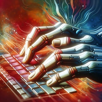 A pair of robotic hands typing on a keyboard. The hands are detailed and realistic, with a metallic finish and glowing lights. The scene is set against a colorful background. A high-quality photo.