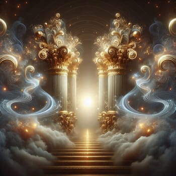 Two golden pillars with intricate details, standing in a cloud-filled sky. A staircase leads up to a glowing light, representing a gateway to a higher realm. A high-quality photo.