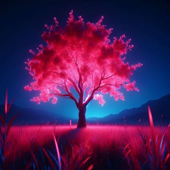 A single, glowing pink tree standing in a field against a dark, starry night sky. The tree illuminates the surrounding grass and mountains, creating an otherworldly scene. A high-quality photo.