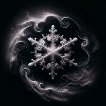 An intricate snowflake, with delicate details and frosty edges, set against a swirling, abstract background of white smoke and a dark backdrop. A high-quality photo.