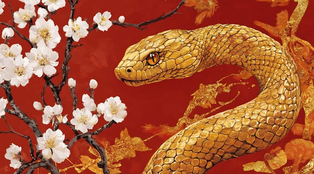 A golden snake entwined with white flowers on a striking red background evokes a sense of beauty and springtime renewal.