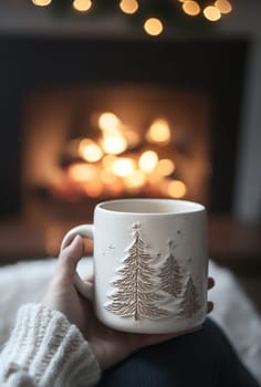 A hand holds a beautifully designed ceramic mug near a warm fireplace, with soft light flickering around in a cozy winter atmosphere.