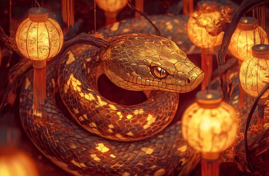 The golden snake coils peacefully amid bright lanterns, casting a warm glow in a festive nighttime atmosphere.