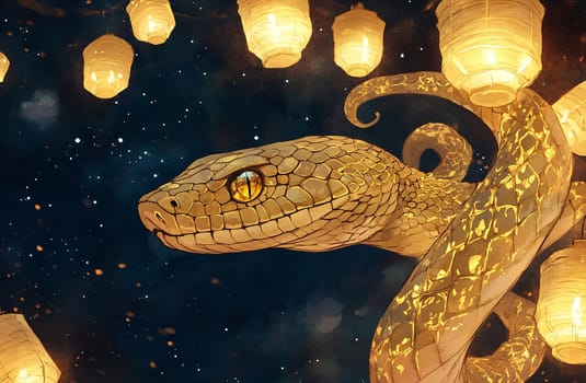 A golden snake weaves through a starry night, surrounded by hanging lanterns that illuminate the atmosphere, enhancing the magical feel.