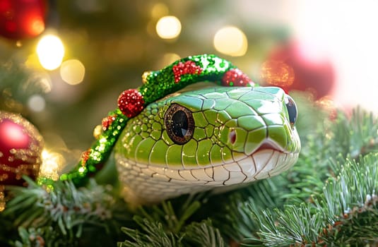 A green snake, decorated with a festive hat, nestles in a Christmas tree adorned with ornaments and twinkling lights.