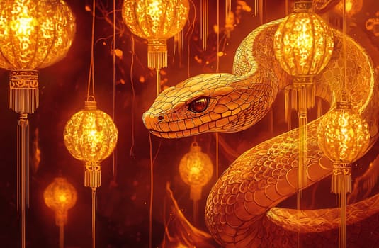 The golden snake coils elegantly around vibrant lanterns, casting a warm glow in a festive celebration filled with rich colors.