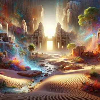 A surreal, dreamlike scene of a desert landscape with an ancient gateway, surrounded by vibrant colors and flowing light. The scene represents a journey of discovery. A high-quality photo.