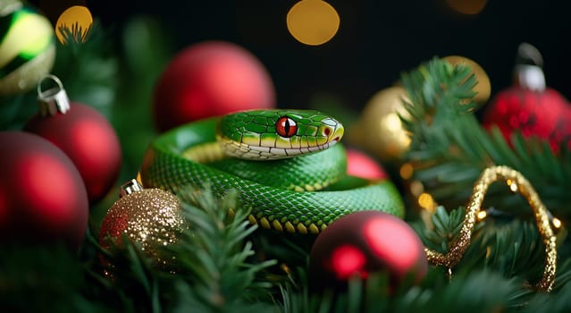 A vibrant green snake perched on a bed of evergreen branches surrounded by red Christmas ornaments and shimmering decorations.