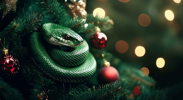 A vibrant green snake is coiled on a decorated Christmas tree, surrounded by bright ornaments and glowing lights during the holiday season.