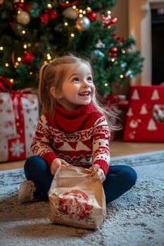 The girl beams with joy as she unwraps her gift in a warm, holiday-themed living room filled with decorations and presents.