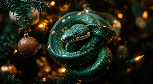 A green snake is coiled artfully around a Christmas tree adorned with golden ornaments and twinkling lights, creating a unique holiday display.