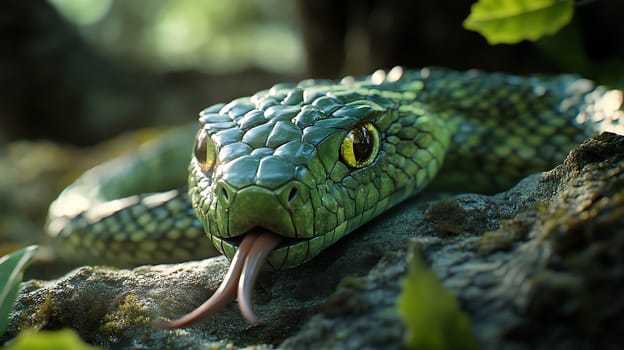 The green snake is positioned on the ground among foliage, showcasing its scales and actively flicking its tongue in search of prey.