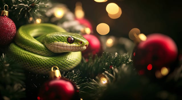 The vibrant green snake coils among bright ornaments and soft, twinkling lights, creating a festive atmosphere.