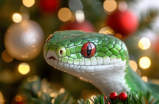The green snake with red eyes sits gracefully among Christmas ornaments and twinkling lights, creating a unique holiday atmosphere.