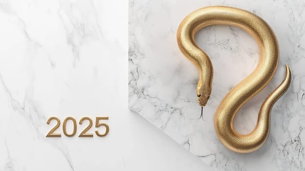 A golden snake rests in an elegant position on a marble background, highlighting the year 2025 in a stylish format.