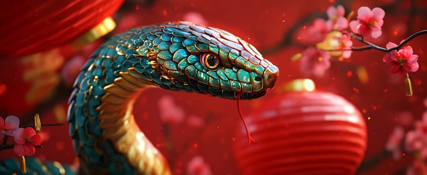 A striking snake with shimmering scales is surrounded by beautiful cherry blossoms and traditional lanterns during a lively spring festival.
