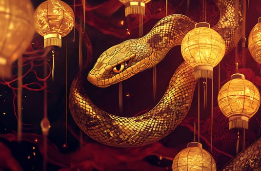 A golden snake coils gracefully among illuminated lanterns, creating a striking visual in a lively nighttime festival atmosphere.