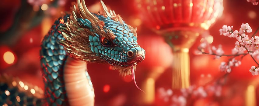 A striking blue dragon is entwined with delicate cherry blossoms and glowing lanterns, evoking a lively festival atmosphere.