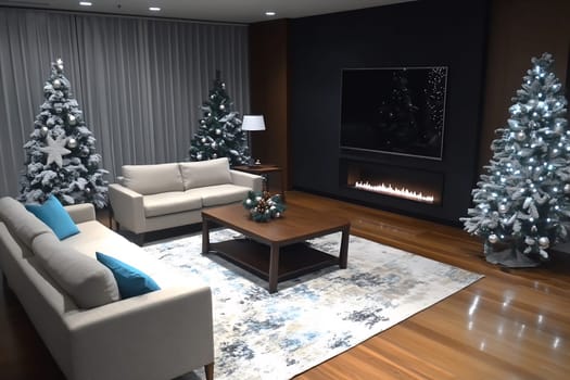 A warm living room showcases festive decor with two beautifully adorned Christmas trees and a sleek fireplace, creating a cozy atmosphere.