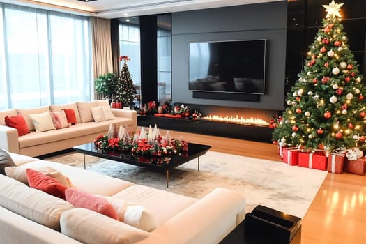 This elegant living room showcases a lush Christmas tree, vibrant decorations, and a warm fire, creating a cozy holiday atmosphere.