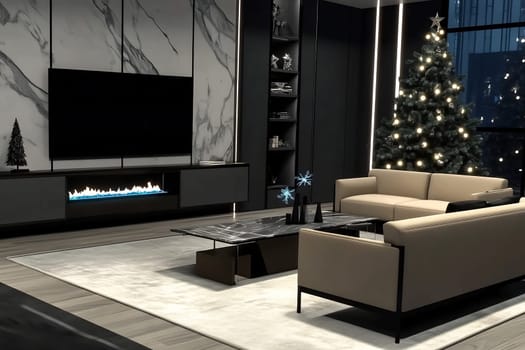 A stylish living space adorned with a Christmas tree, elegant furniture, and a glowing fireplace, creating a cozy holiday atmosphere.