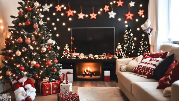 A living room adorned with Christmas trees, twinkling lights, and colorful decorations creates a festive holiday spirit.