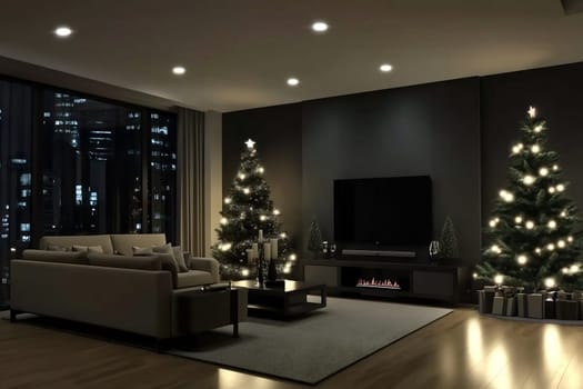 The living space features two beautifully adorned Christmas trees, soft lighting, and a serene city backdrop, creating a festive atmosphere.