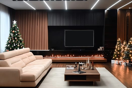A modern living room features Christmas trees, a plush sofa, and warm lighting, creating a festive atmosphere for the holiday season.