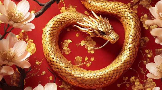A golden dragon intertwines elegantly with delicate flowers against a striking red backdrop, highlighting intricate details and artistry.