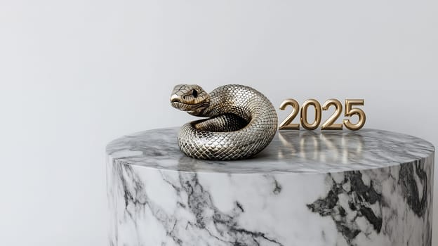 A decorative snake forms a spiral next to golden numbers indicating the year 2025, set on a stylish marble pedestal.