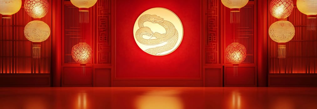 A richly decorated space features glowing lanterns and detailed artwork, setting a vibrant mood for a cultural event or gathering.