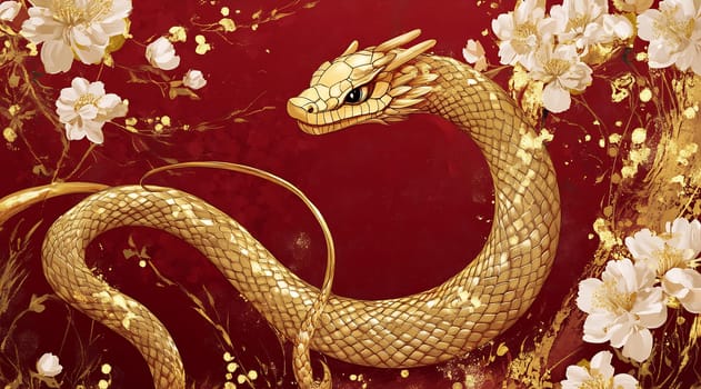 The golden dragon is depicted twisting gracefully around delicate cherry blossoms, creating a striking visual contrast on red.