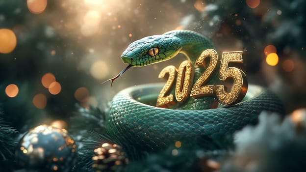 A green snake slithers around sparkling numbers representing 2025, amidst colorful ornaments and a warm glow, celebrating the new year.