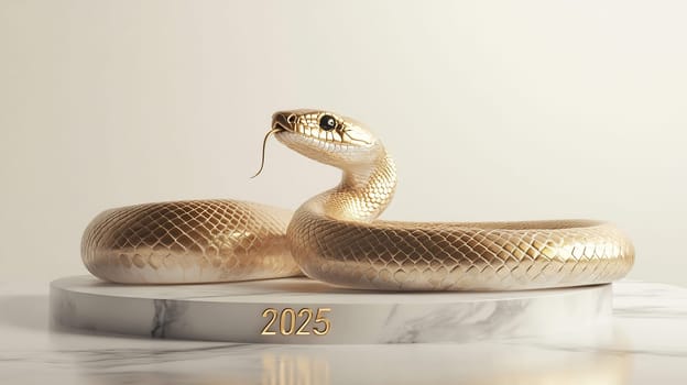 A shiny golden snake curls elegantly around a marble base, featuring the year 2025, embodying renewal and hope for the future.