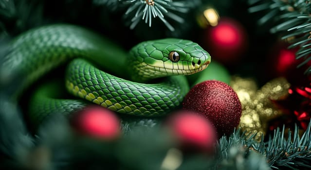 A striking green snake rests playfully among red and gold ornaments on a festive backdrop of evergreen branches.
