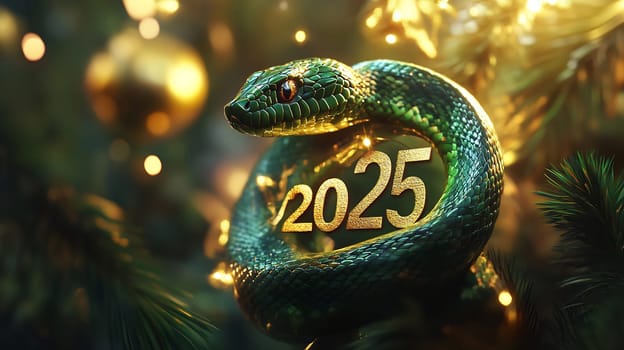 A vibrant green snake wraps around the golden number 2025, surrounded by shimmering holiday decorations and glowing lights.