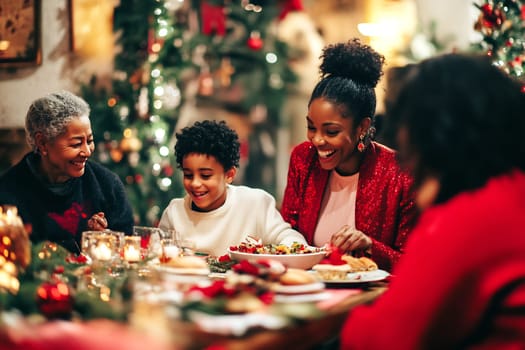 A family gathers around a beautifully set table, sharing delicious food and laughter in a warm holiday atmosphere.