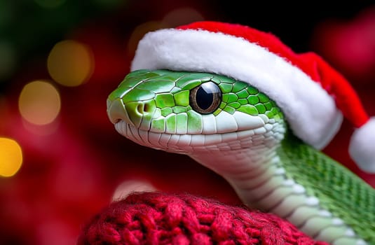 This green snake, adorned with a Santa hat, relaxes on a cozy knitted cap with colorful holiday decorations in the background.