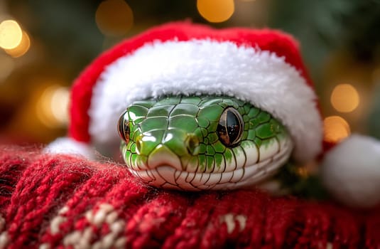 A green snake adorned with a Santa hat relaxes on a red knitted blanket surrounded by warm holiday lights.