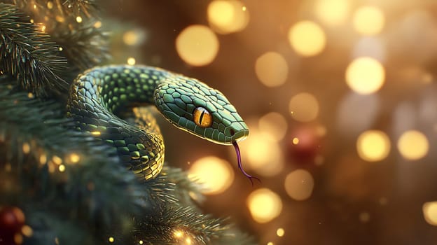The green snake is poised on a Christmas tree, its tongue flicking, surrounded by warm holiday lights.