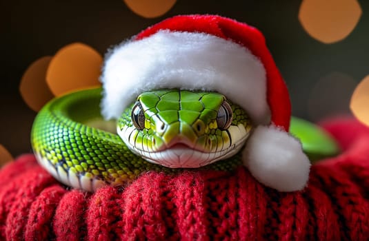 A green snake adorned with a Santa hat rests on a warm red knit blanket, embodying the spirit of the holiday season.