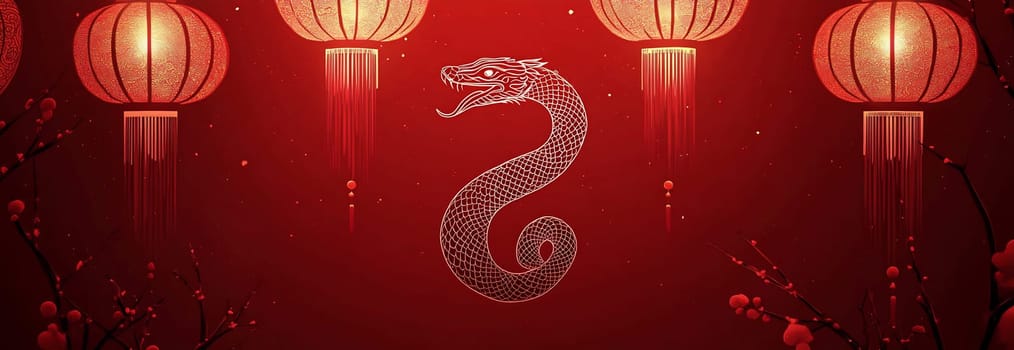 Bright lanterns illuminate a red backdrop, showcasing a stylized dragon symbolizing fortune and prosperity during Lunar New Year festivities.
