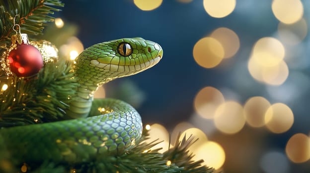 A green snake is coiled on a Christmas tree, blending with bright ornaments and sparkling lights during holiday festivities.