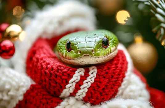 A vibrant green snake lounges in a warm red and white scarf, surrounded by twinkling holiday lights and ornaments.