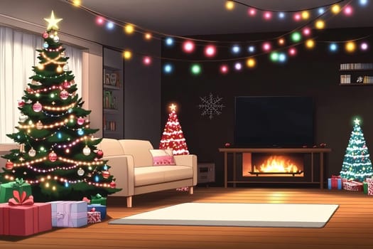 The living room features illuminated Christmas trees, colorful lights, and a warm fireplace, creating a festive winter atmosphere.