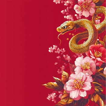 A golden snake curls through pink flowers against a bold red backdrop, creating a striking contrast and a sense of movement.