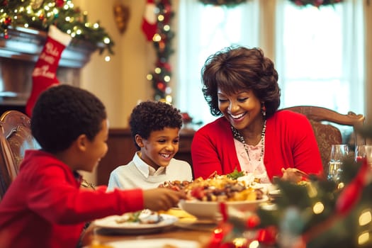 Two children and their mother celebrate Christmas by sharing laughter and a delicious holiday feast around a beautifully decorated table.